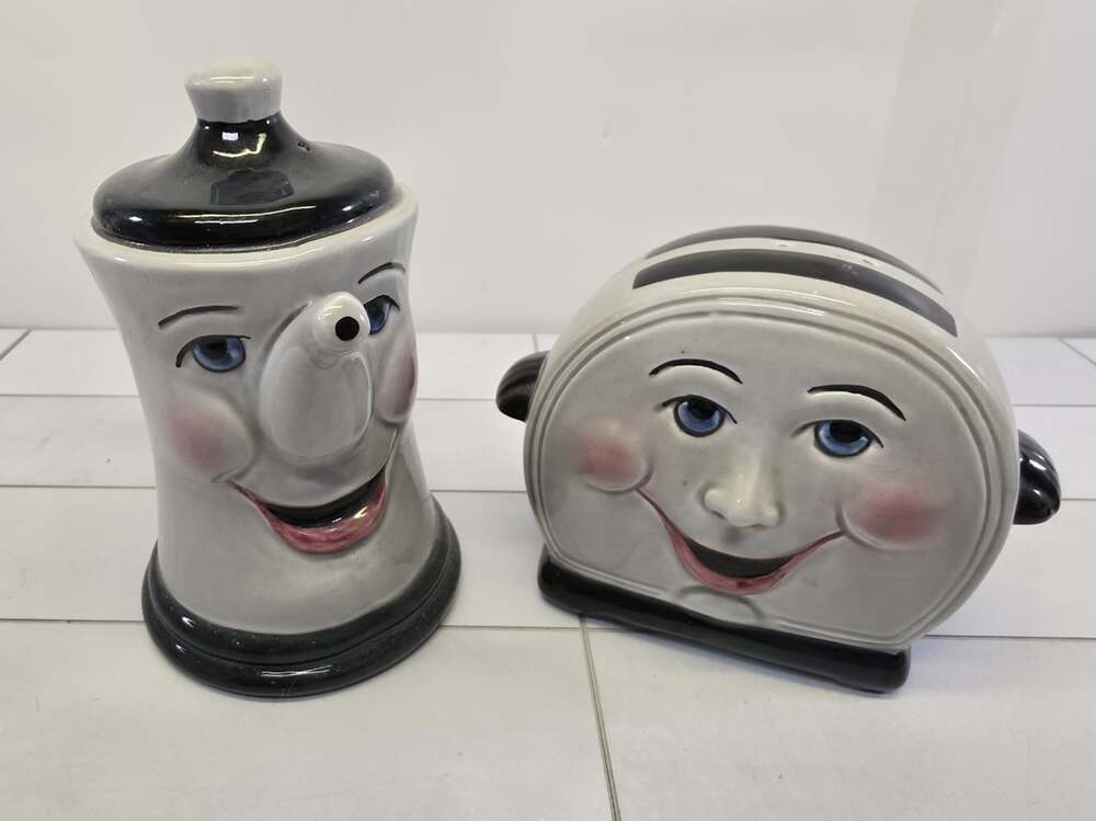 Anthropomorphic Toaster Coffee Pot Salt & Pepper Shakers with Plugs Clay Art